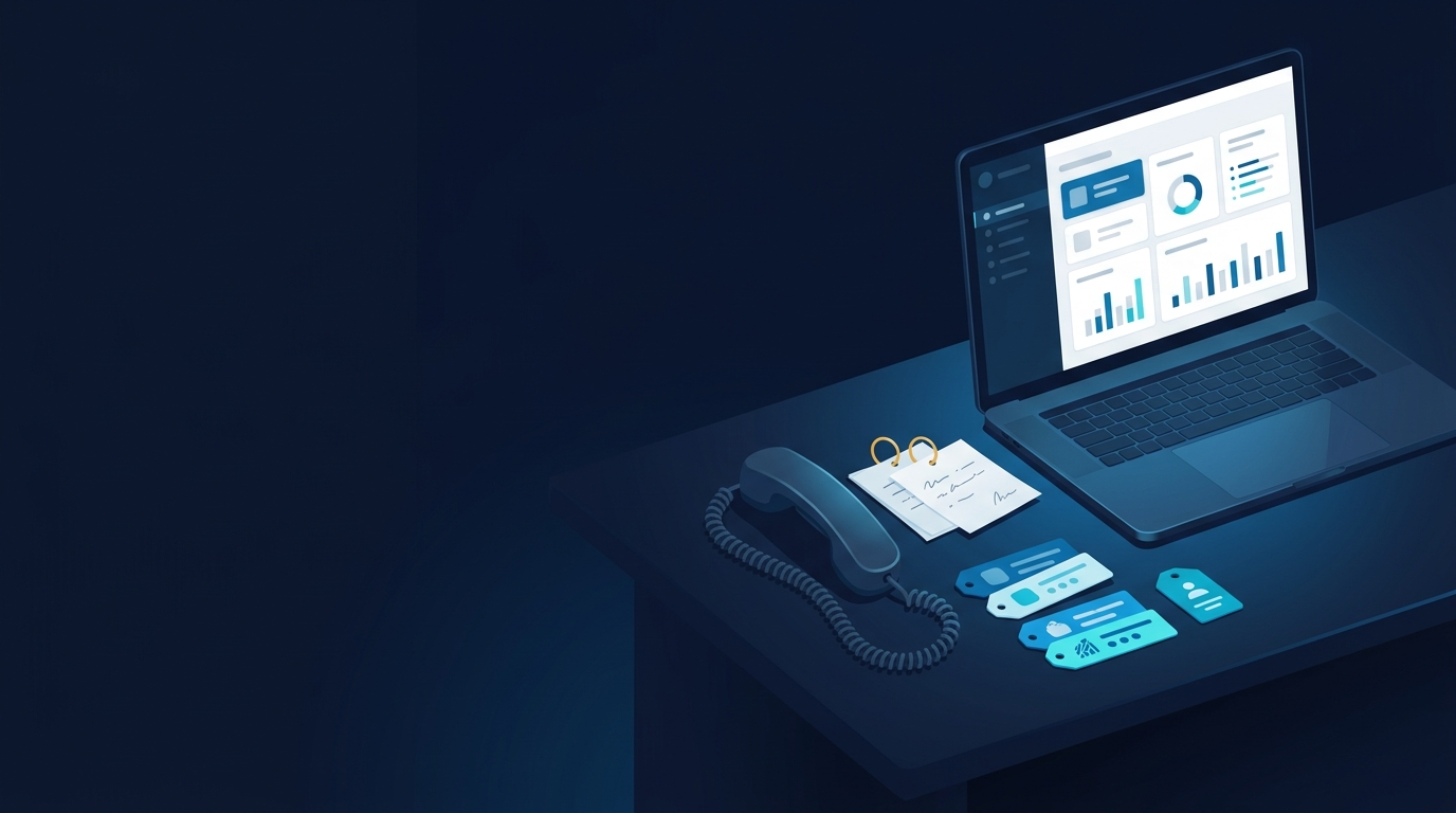 Private lead review desk with call notes, source tags, and abstract dashboard cards